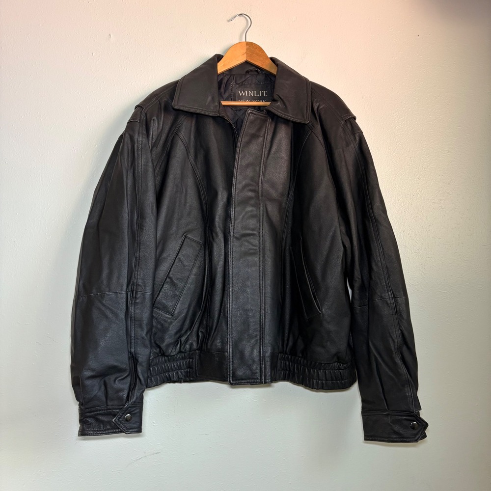 Winlit New York Black Leather Bomber Jacket Mens 2XL Quilted Lined Vintage Style